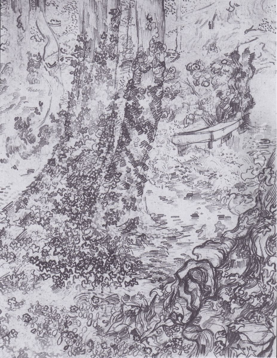 Trees with ivy and bench in the garden of the Hospital Saint-Paul Oil Painting by Vincent Van Gogh