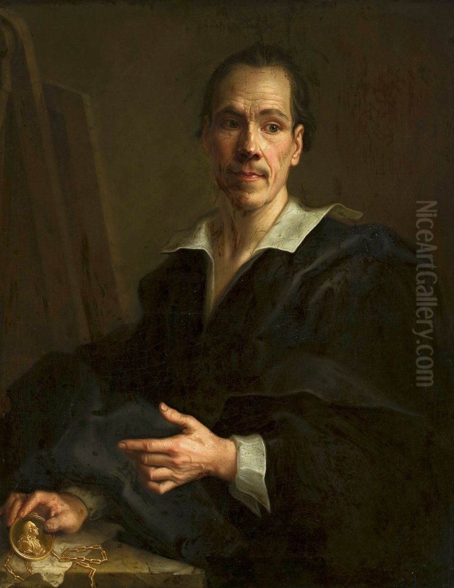 Self portrait holding a miniature portrait of the Prince of Liechtenstein Oil Painting by Christian Seybold