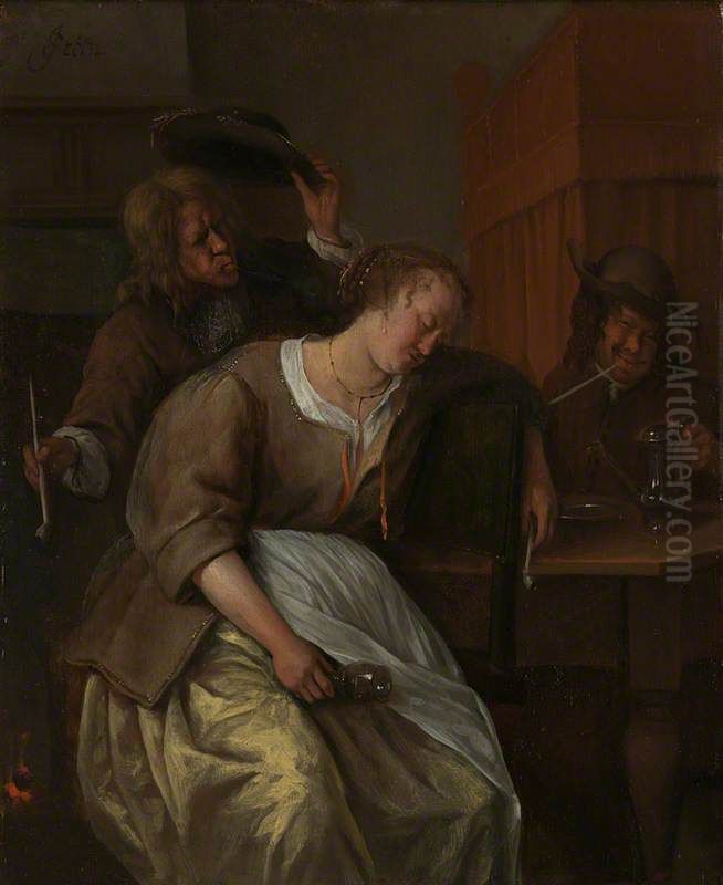 A Man blowing Smoke at a Drunken Woman, Another Man with a Wine-pot Oil Painting by Jan Steen