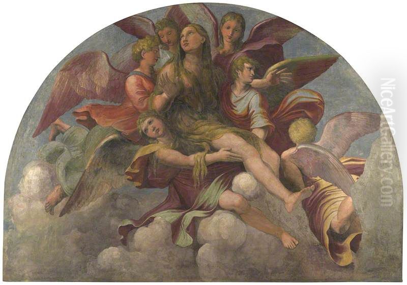 Saint Mary Magdalene borne by Angels Oil Painting by Giulio Romano (Orbetto)