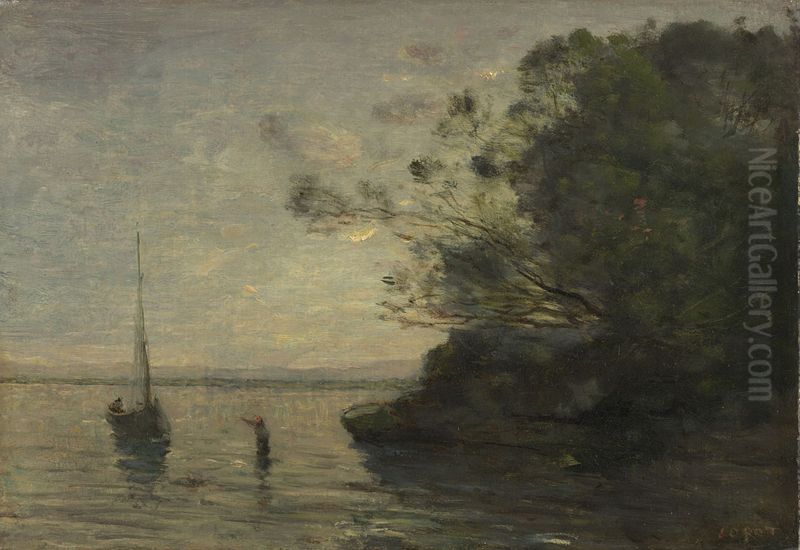 Evening on the Lake Oil Painting by Jean-Baptiste Camille Corot