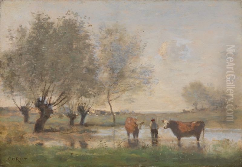 Cows in a Marshy Landscape Oil Painting by Jean-Baptiste Camille Corot
