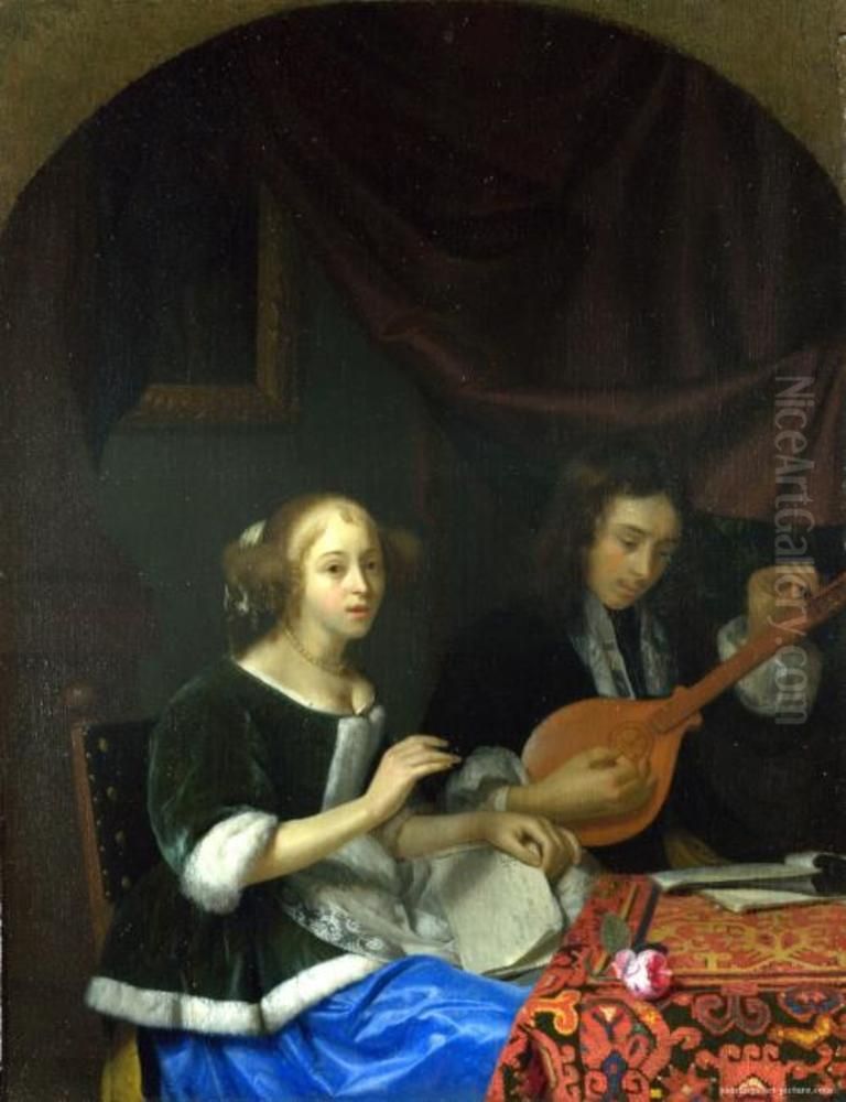 A Woman singing and a Man with a Cittern Oil Painting by Godfried Schalcken