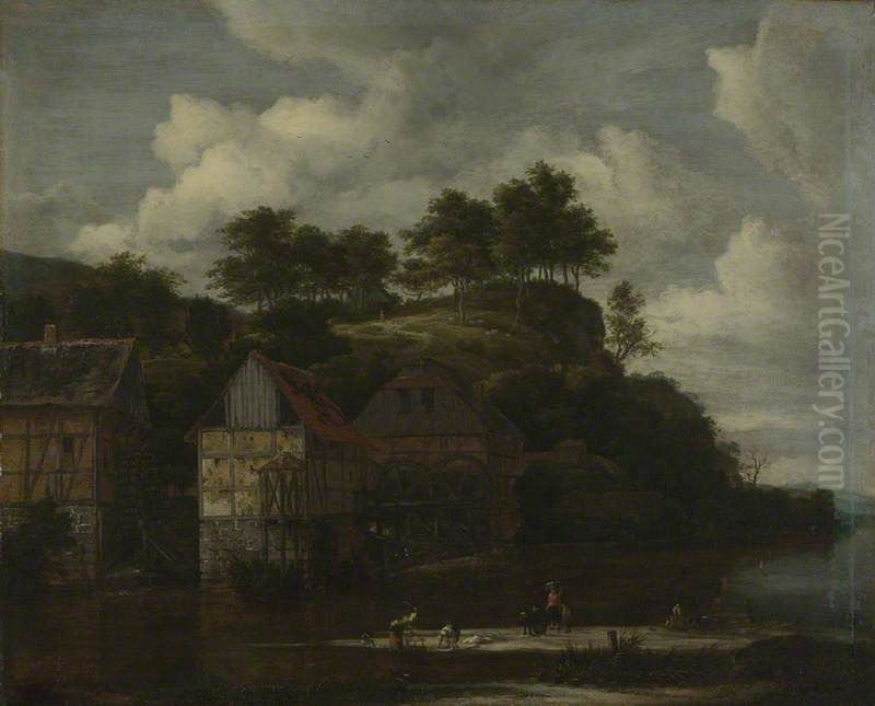 Three Watermills with Washerwomen Oil Painting by Jacob Van Ruisdael
