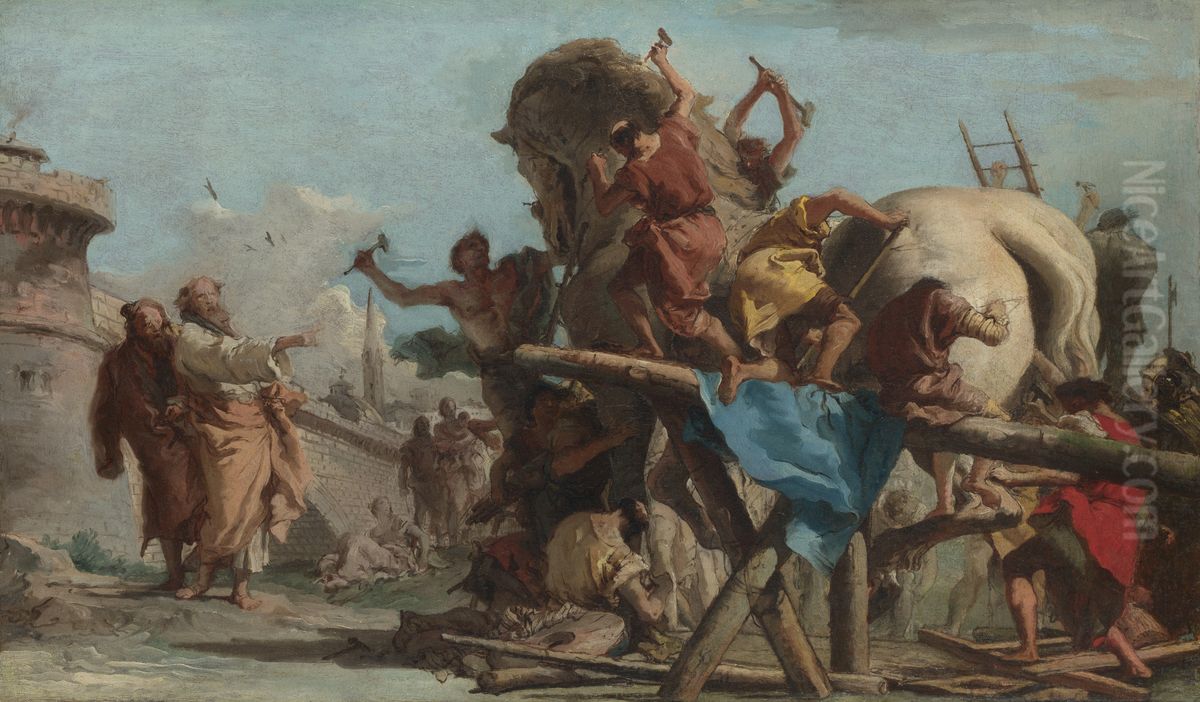 The Building of the Trojan Horse Oil Painting by Giovanni Domenico Tiepolo