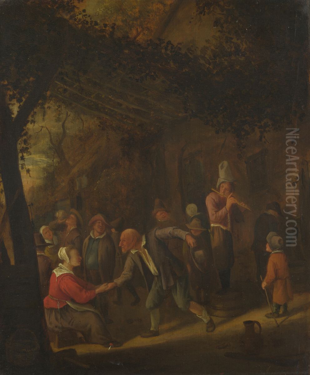Peasants merry-making outside an Inn Oil Painting by Jan Steen