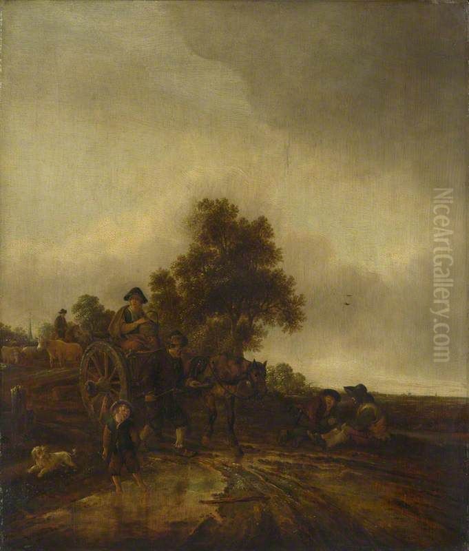 A Landscape with Peasants and a Cart Oil Painting by Isaac Van Ostade