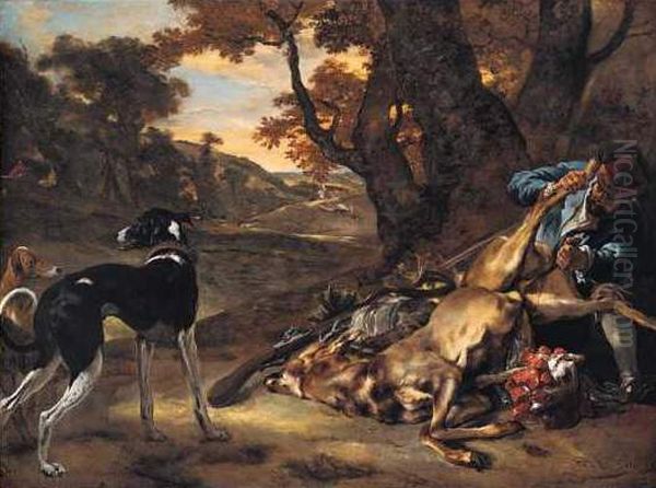 A Huntsman cutting up a Dead Deer, with Two Deerhounds Oil Painting by Jan Baptist Weenix A Huntsman cutting up a Dead Deer, with Two Deerhounds Oil Painting by Jan Baptist Weenix