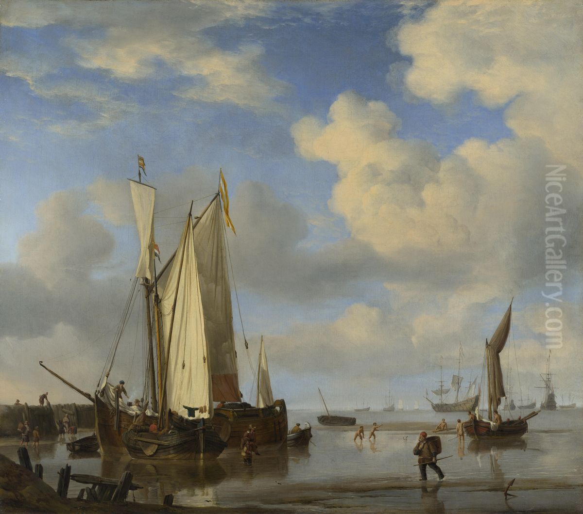 Dutch Vessels close Inshore at Low Tide, and Men Bathing Oil Painting by Willem van de Velde the Younger