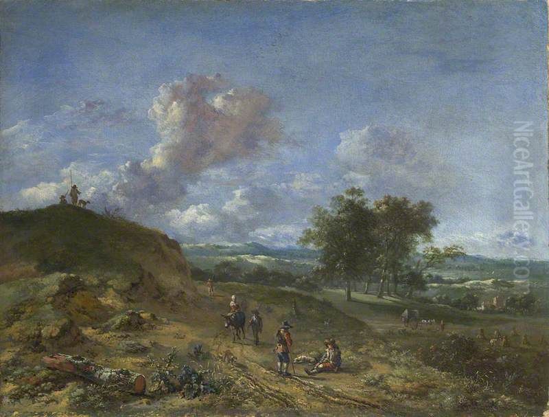 A Landscape with a High Dune and Peasants on a Road Oil Painting by Jan Wijnants
