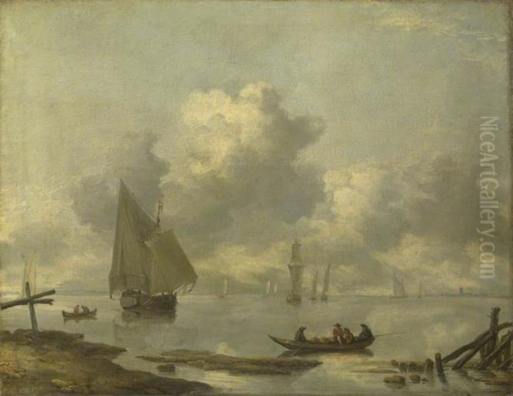 Vessels in Light Airs on a River near a Town Oil Painting by Jan Van De Cappelle