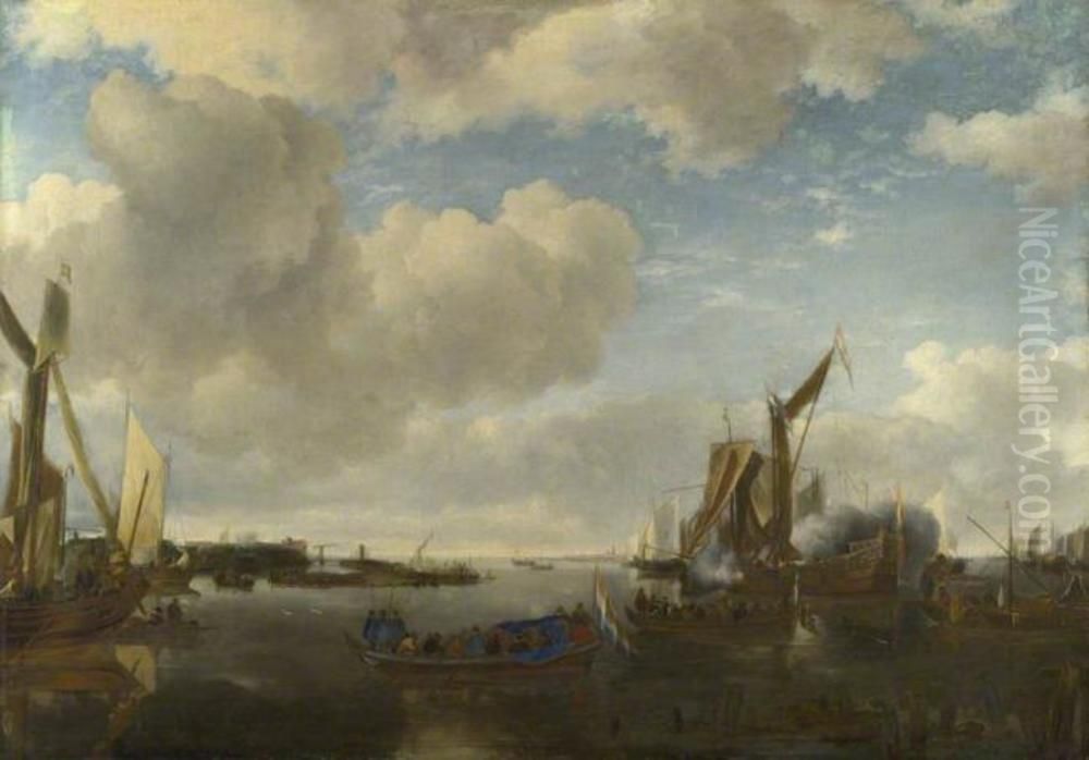 A River Scene with a Dutch Yacht firing a Salute Oil Painting by Jan Van De Cappelle