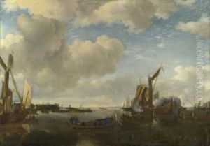 A River Scene with a Dutch Yacht firing a Salute