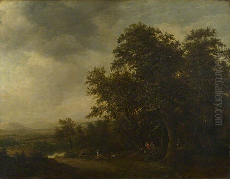 A Woody Landscape with a Stag Hunt Oil Painting by Jan Lagoor
