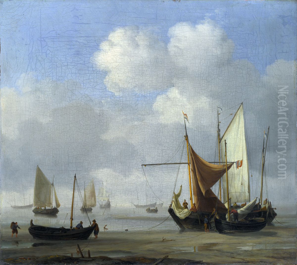 Small Dutch Vessels Aground at Low Water in a Calm Oil Painting by Willem van de Velde the Younger