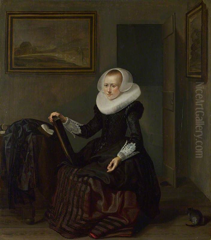 A Woman holding a Mirror Oil Painting by Pieter Codde