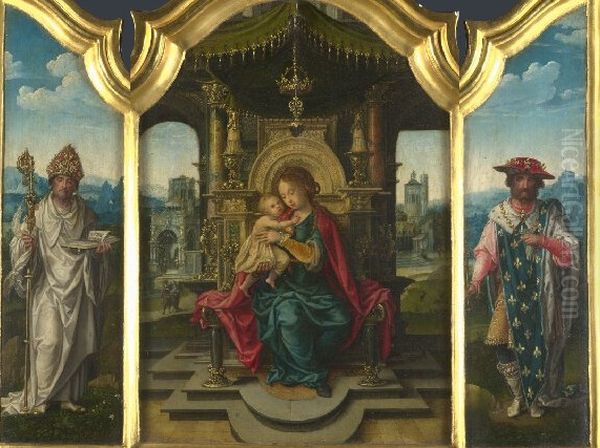 Triptych:Virgin and Child,a Bishop-Saint, andSaint Louis Oil Painting by Pieter Coecke Van Aelst Triptych:Virgin and Child,a Bishop-Saint, andSaint Louis Oil Painting by Pieter Coecke Van Aelst