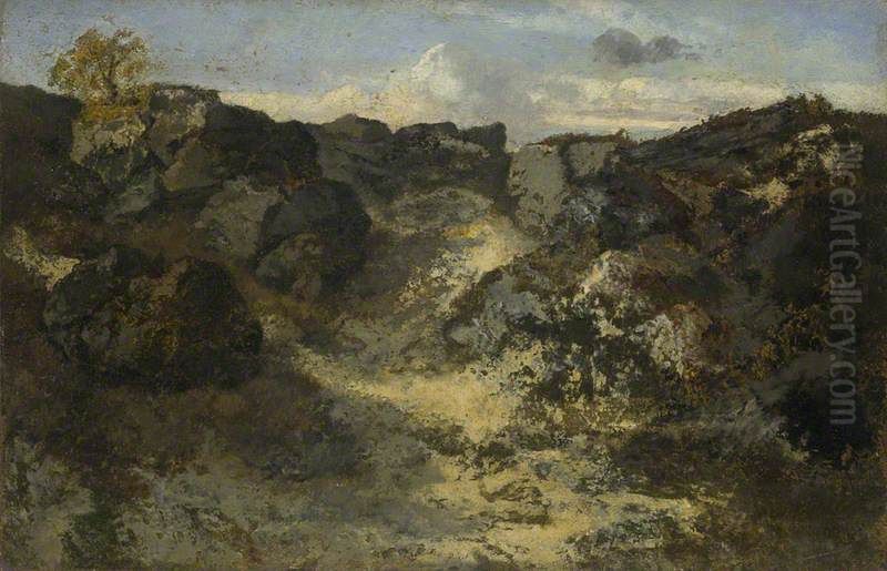 A Rocky Landscape Oil Painting by Theodore Rousseau