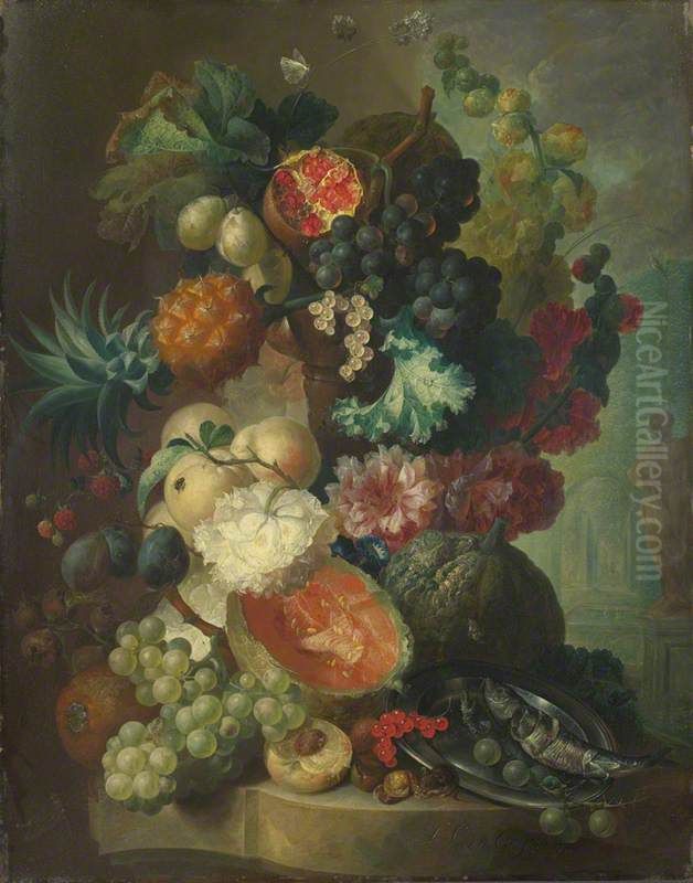 Fruit, Flowers and a Fish Oil Painting by Jan van Os