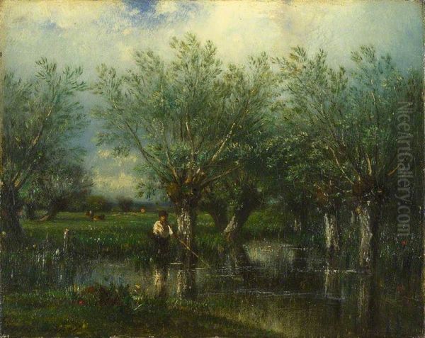 Willows, with a Man Fishing Oil Painting by Jules Dupre