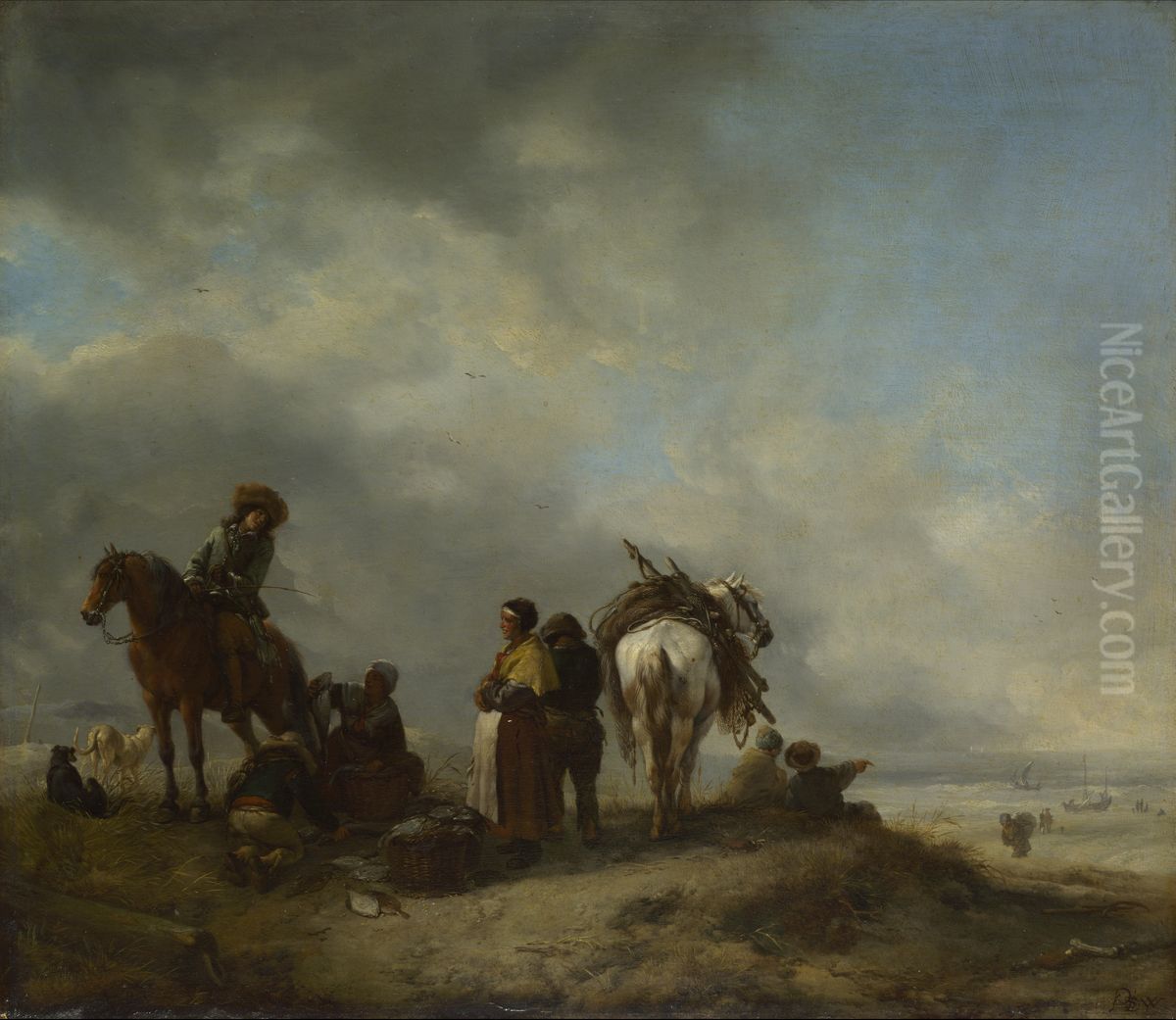 A View on a Seashore with Fishwives offering Fish to a Horseman Oil Painting by Philips Wouwerman