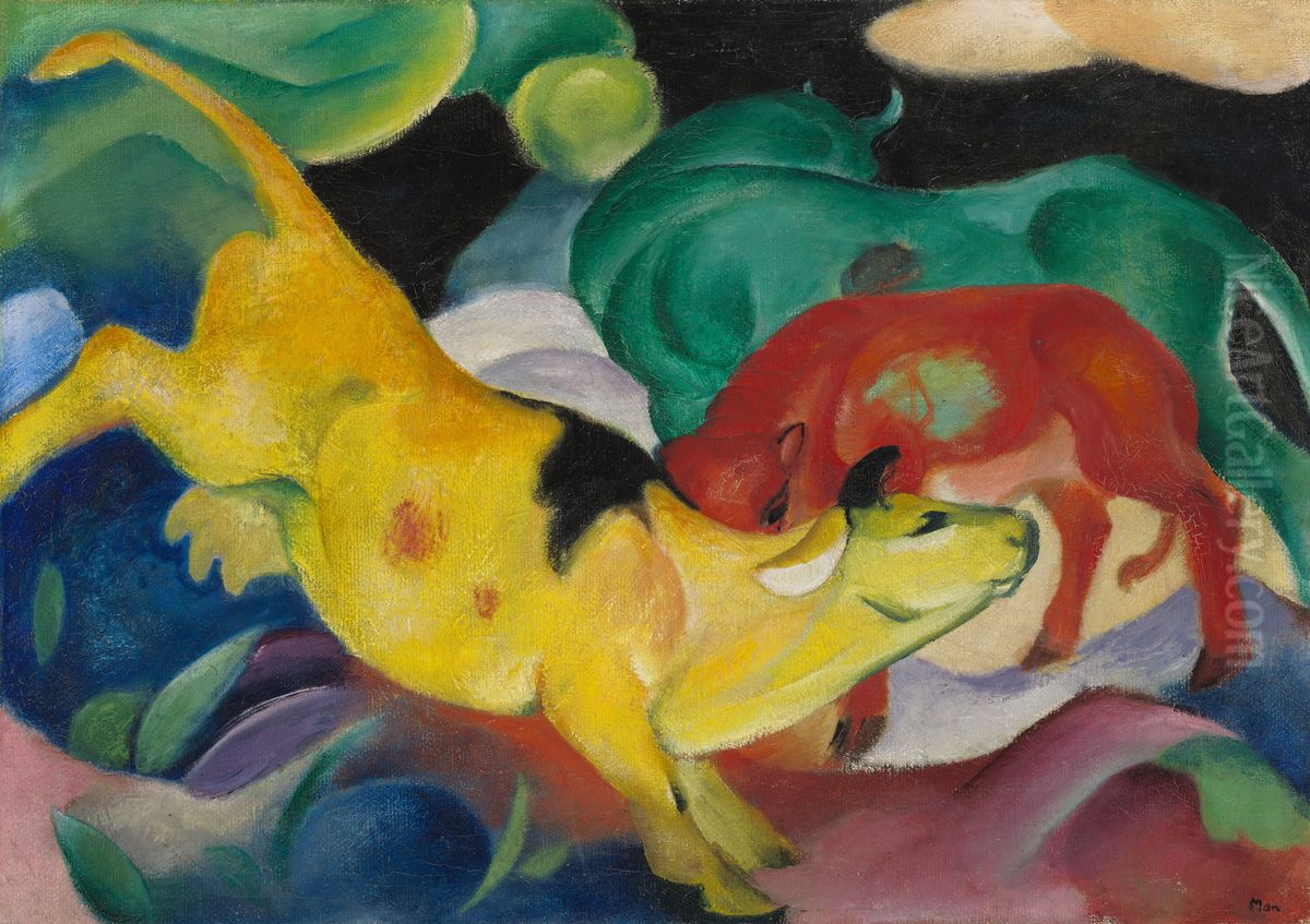 Cows Red Green Yellow Oil Painting by Franz Marc