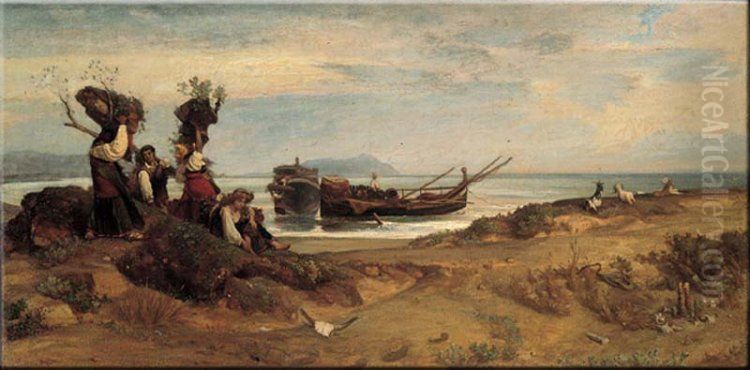 Women carrying fagots in Porto d'Anzio Oil Painting by Giovanni Costa