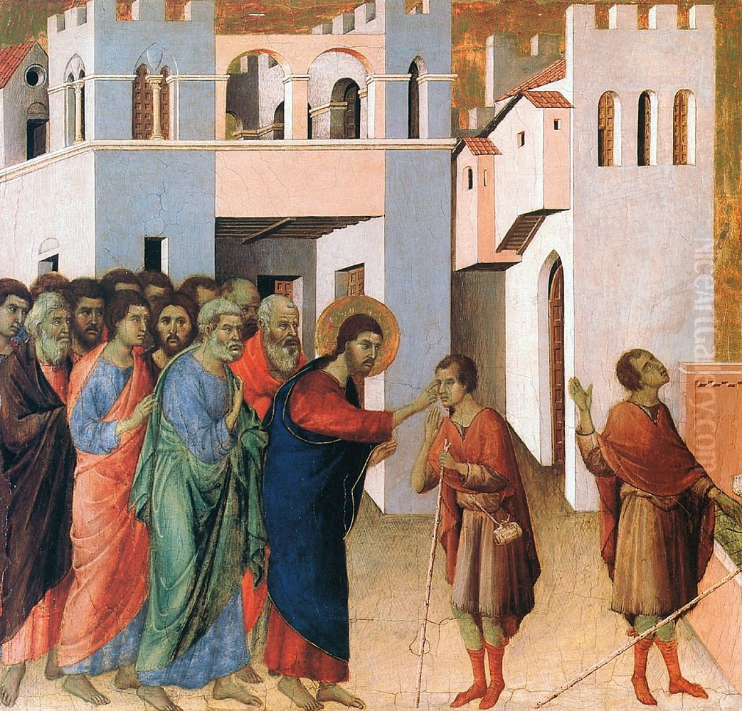 Jesus opens the Eyes of a Man born Blind Oil Painting by Duccio Di Buoninsegna