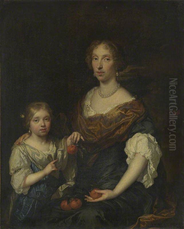 Portrait of a Lady and a Girl Oil Painting by Caspar Netscher