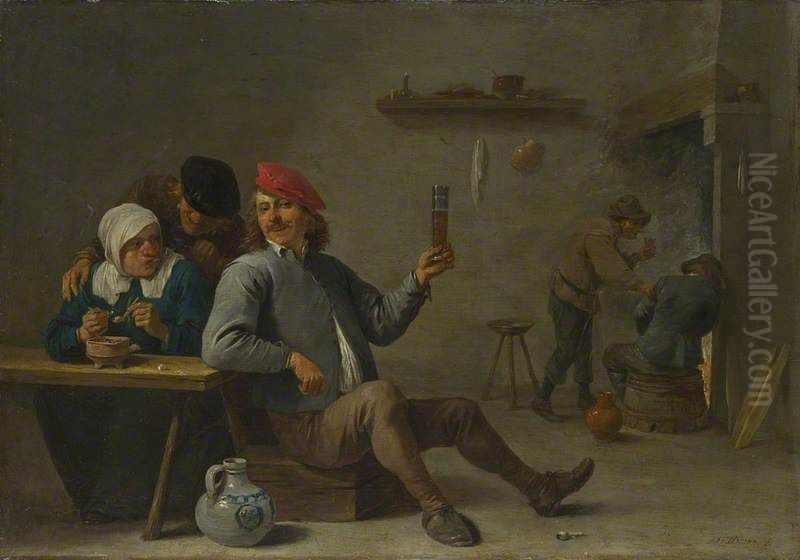 A Man holding a Glass and an Old Woman lighting a Pipe Oil Painting by David Teniers the Younger