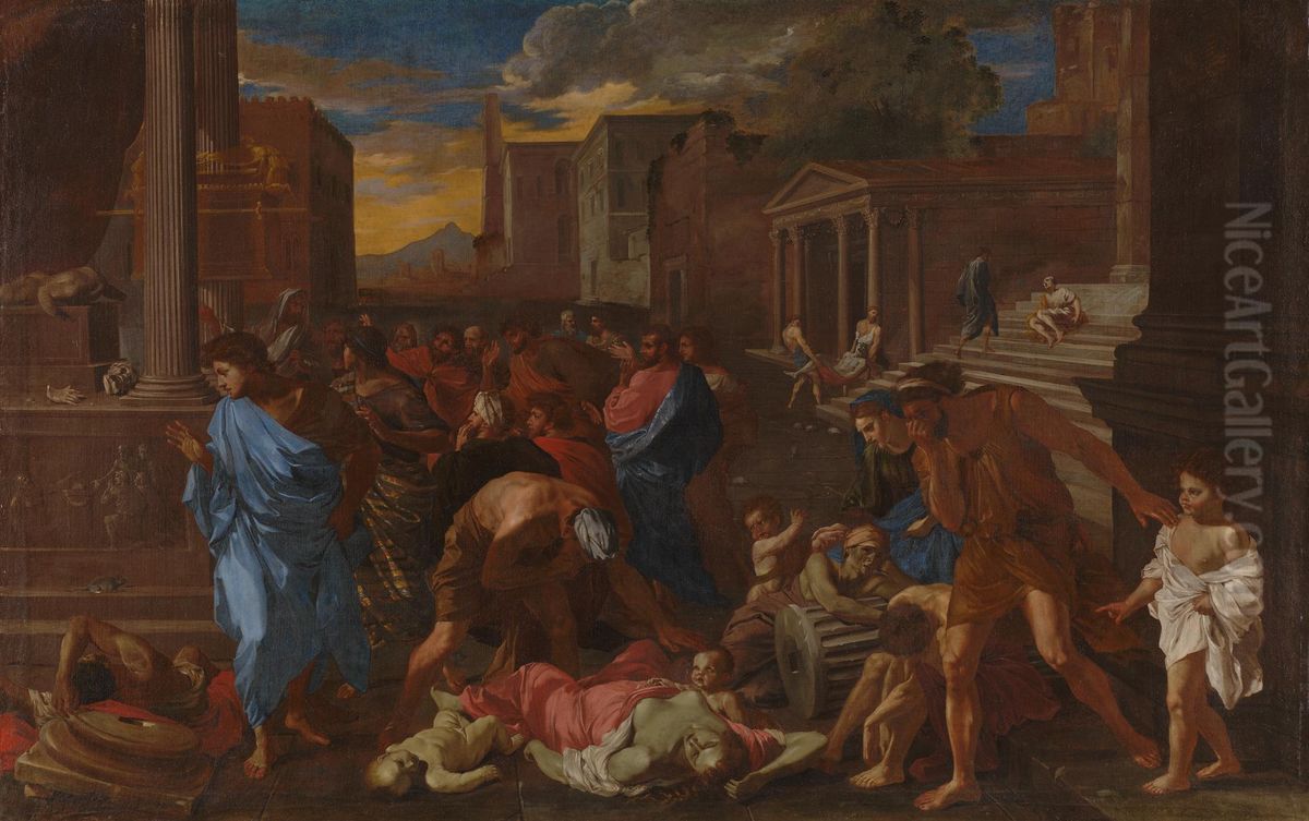 The Plague at Ashdod (after Poussin) Oil Painting by Angelo Caroselli