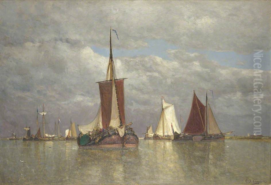 Ships lying near Dordrecht Oil Painting by Paul Jean Clays