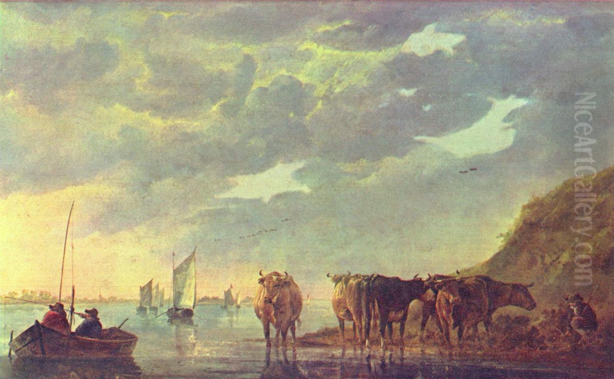 Hirt mit funf Kuhen an einem Fluss Oil Painting by Aelbert Cuyp