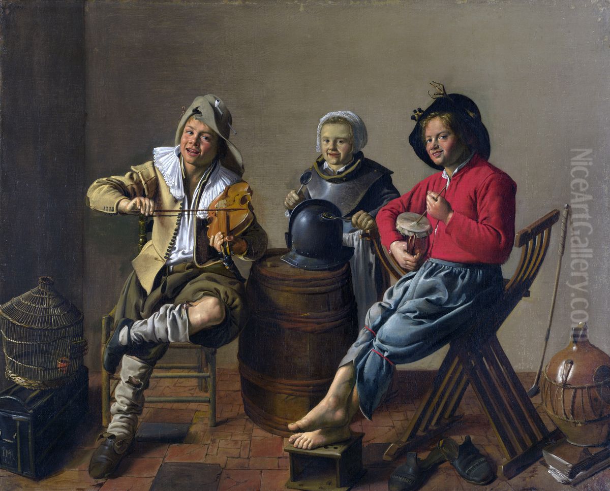 Two Boys and a Girl Making Music Oil Painting by Jan Miense Molenaer