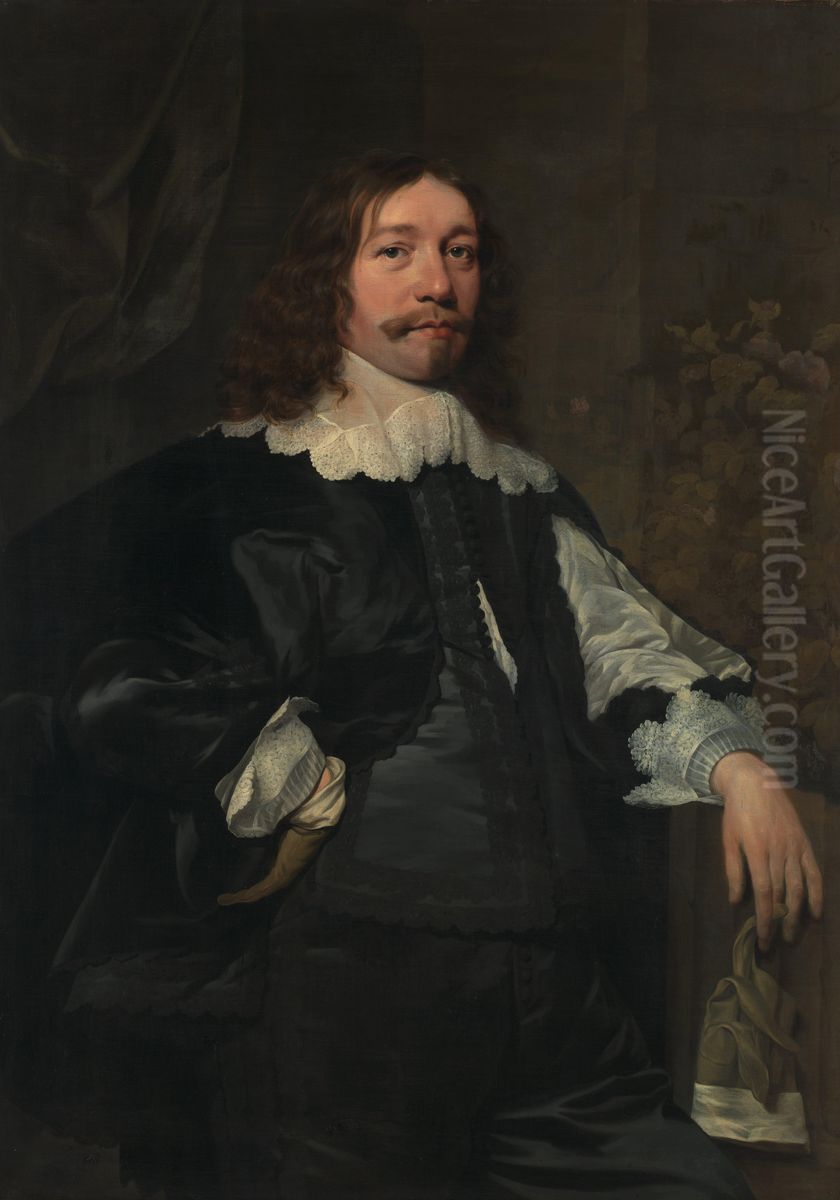 Portrait of a Man in Black holding a Glove Oil Painting by Bartholomeus Van Der Helst