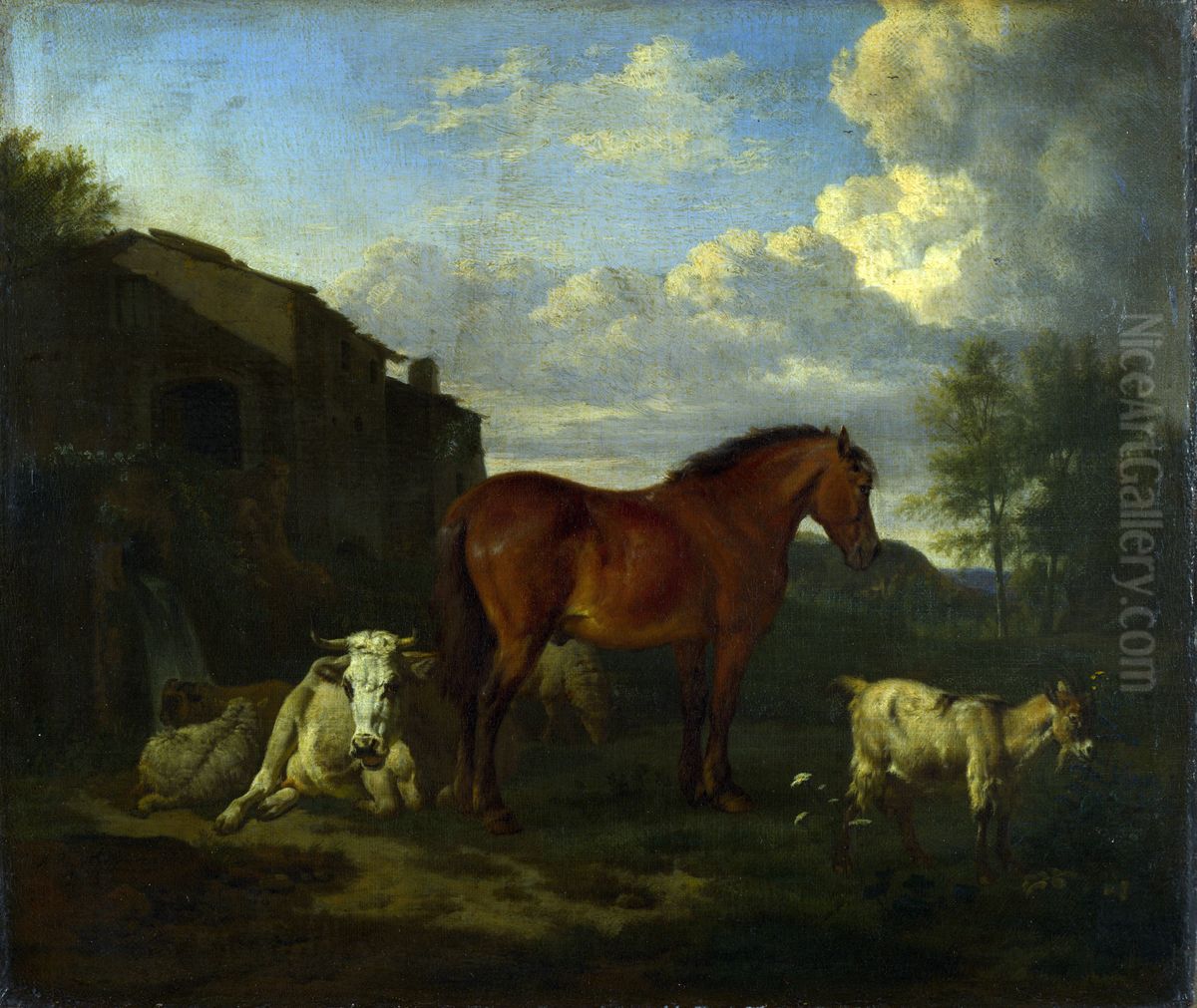 Animals near a Building Oil Painting by Adriaen Van De Velde