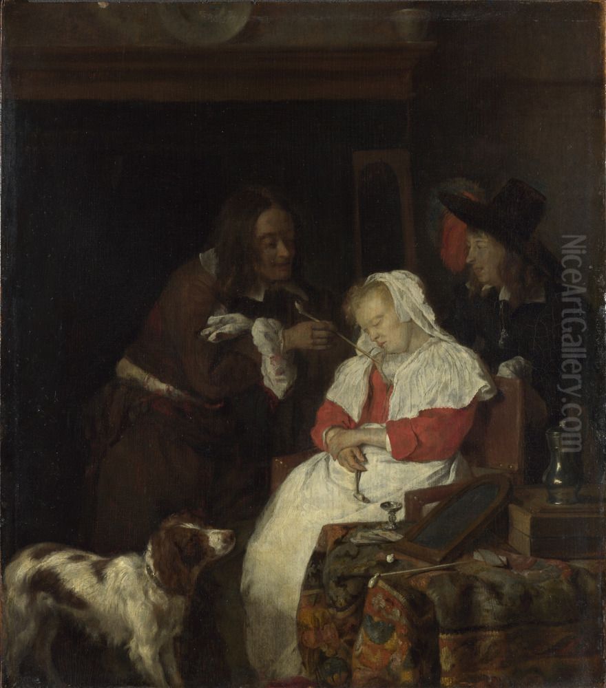 Two Men with a Sleeping Woman Oil Painting by Gabriel Metsu