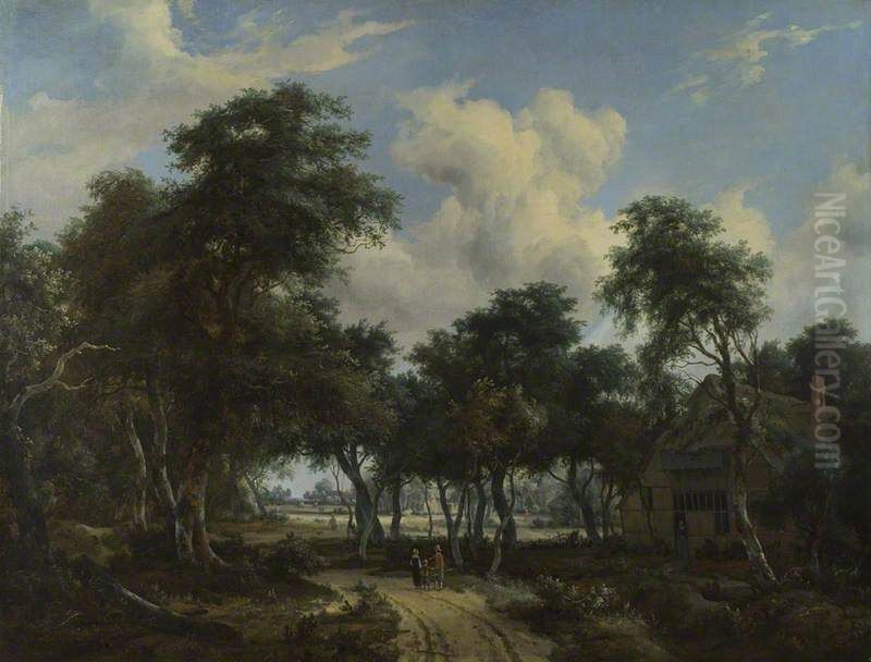 A Woody Landscape with a Cottage Oil Painting by Meindert Hobbema
