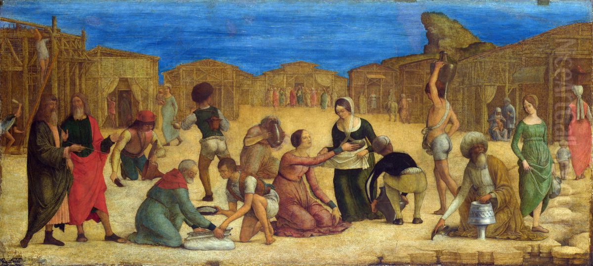 The Israelites gathering Manna Oil Painting by Ercole de' Roberti