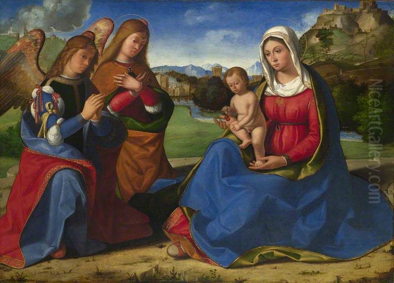 The Virgin and Child adored by Two Angels Oil Painting by Andrea Previtali