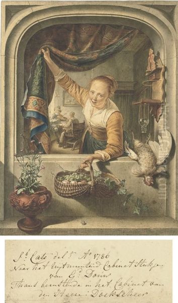 A Young Girl At A Window, After Gerrit Dou Oil Painting by Jacob Cats