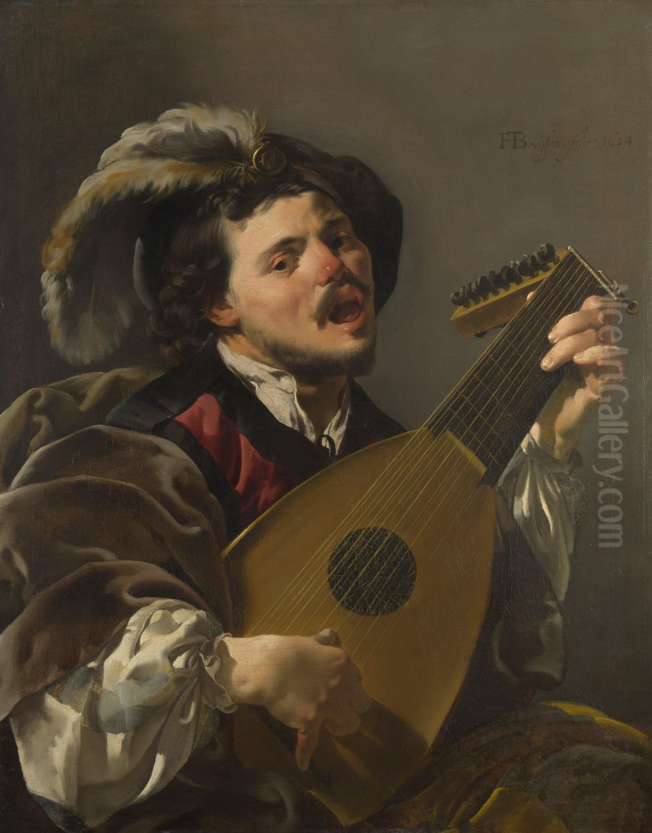 Zingende luitspelende man Oil Painting by Hendrick Ter Brugghen