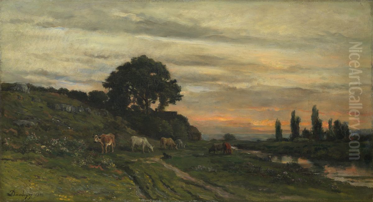 Landscape with Cattle by a Stream Oil Painting by Charles-Francois Daubigny