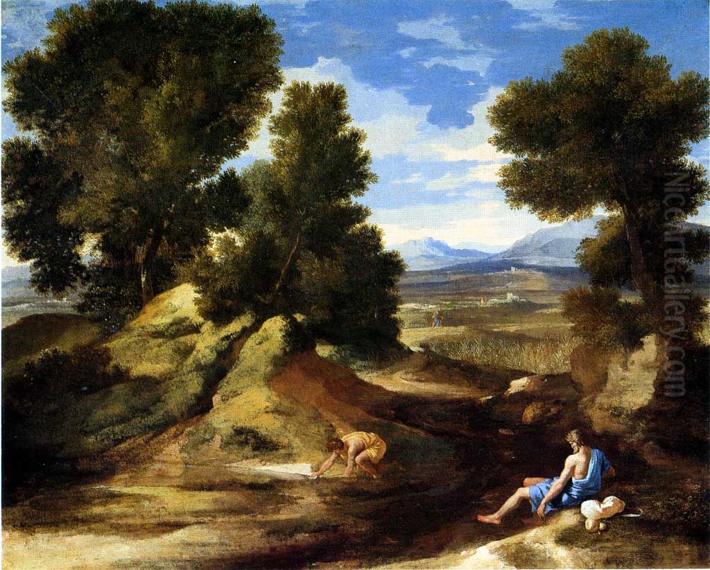 Paysage avec un homme buvant Oil Painting by Nicolas Poussin