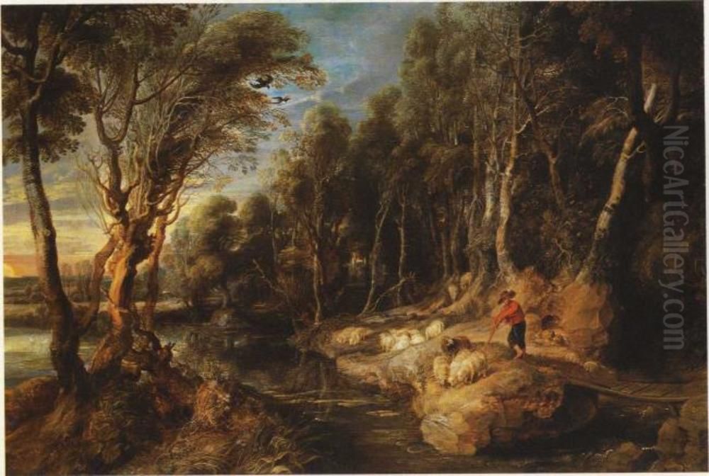 A Shepherd with his Flock in a Woody Landscape Oil Painting by (studio of) Rubens, Peter Paul