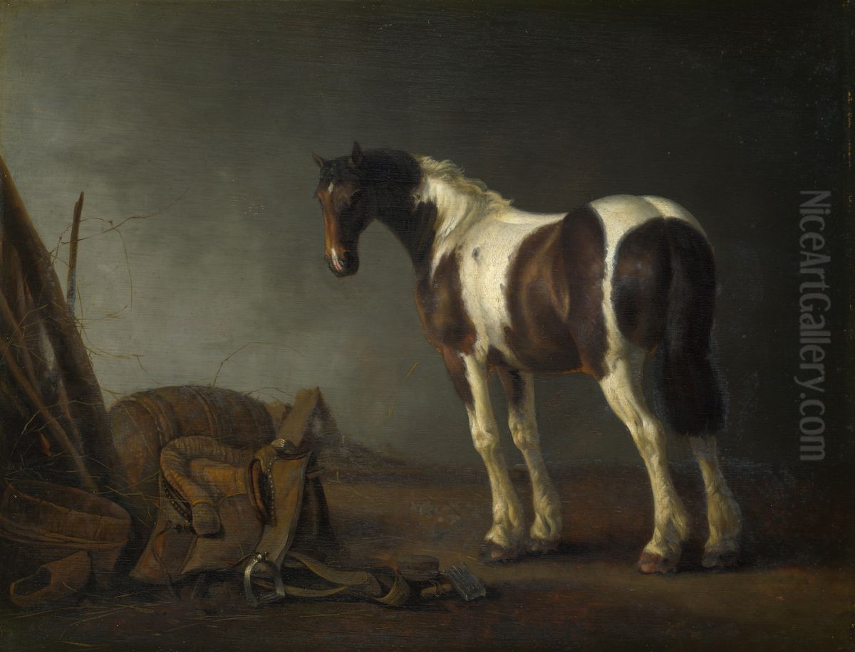 A Brown and White Skewbald Horse with a Saddle beside it. Oil Painting by Abraham Van Calraet A Brown and White Skewbald Horse with a Saddle beside it. Oil Painting by Abraham Van Calraet