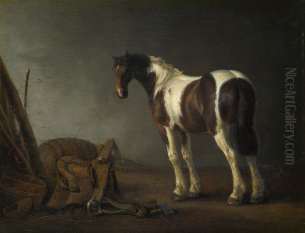 A Brown and White Skewbald Horse with a Saddle beside it. Oil Painting by Abraham Van Calraet