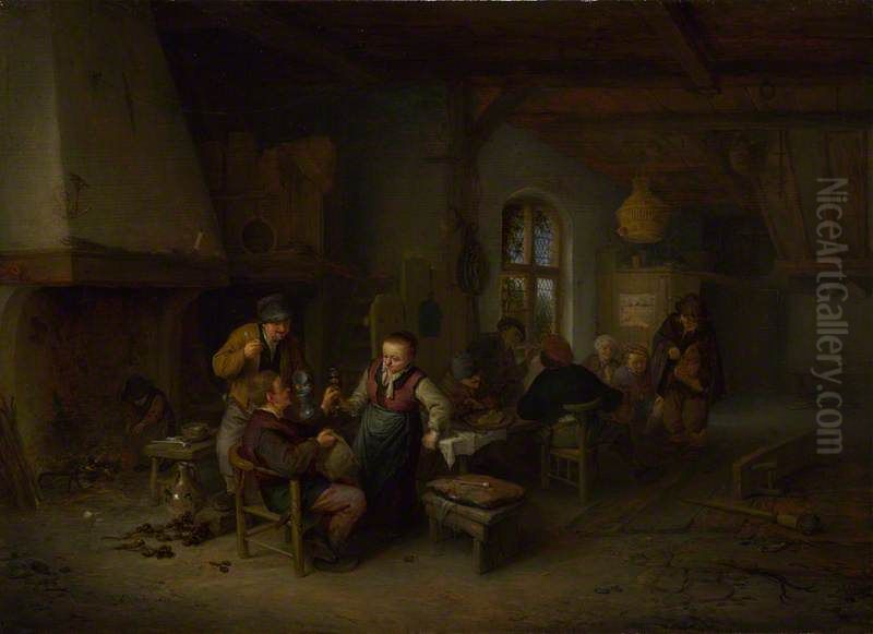 The Interior of an Inn with Nine Peasants and a Hurdy-Gurdy Player Oil Painting by Adriaen van Ostade