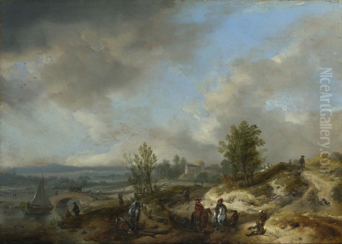 A Dune Landscape with a River and Many Figures Oil Painting by Philips Wouwerman