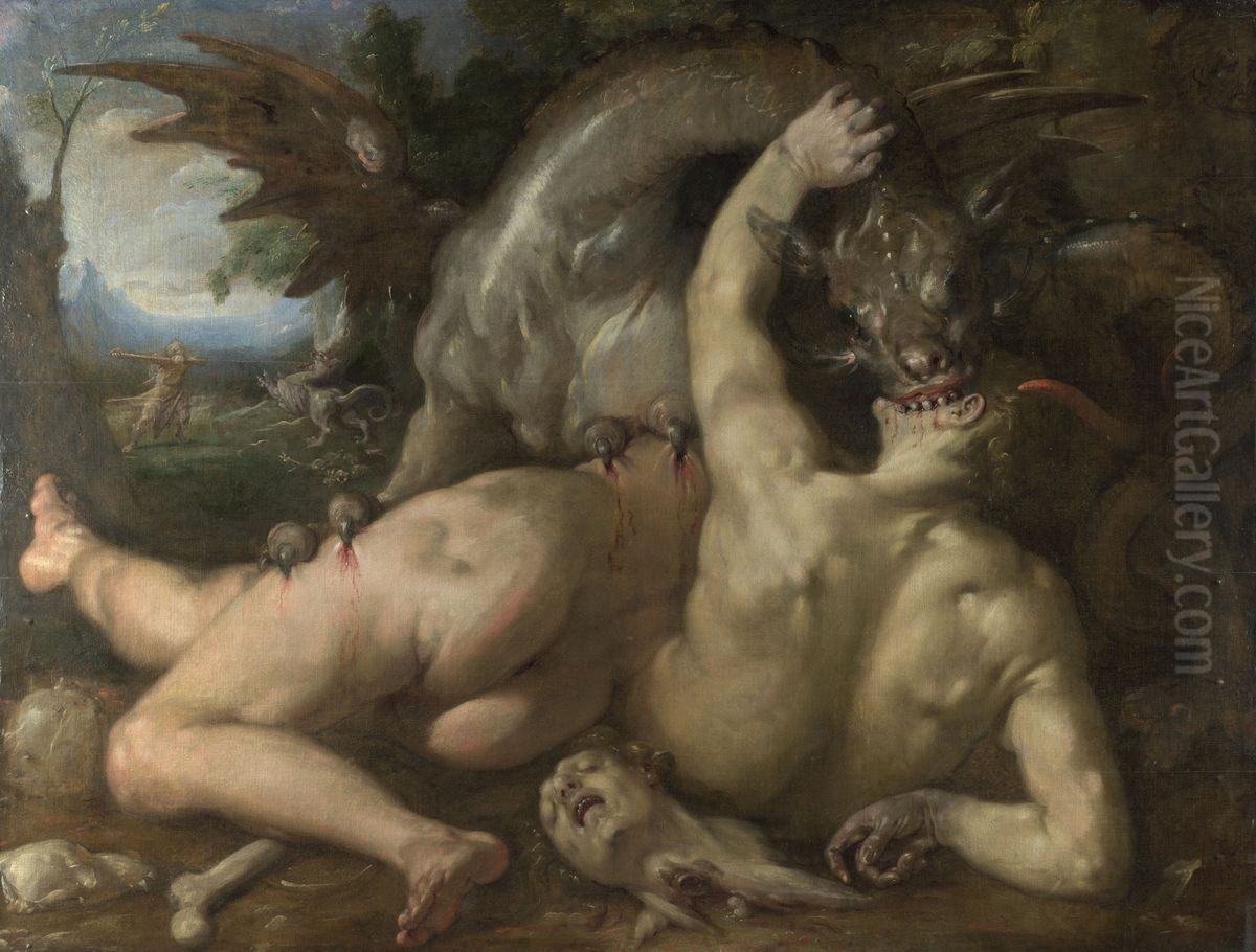 Two Followers of Cadmus devoured by a Dragon Oil Painting by Cornelis van Haarlem